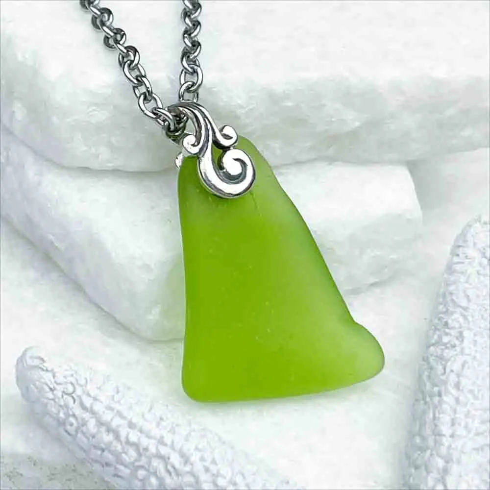 Edgy Lime Green Sea Glass Pendant with Ocean Waves Bail | #1956