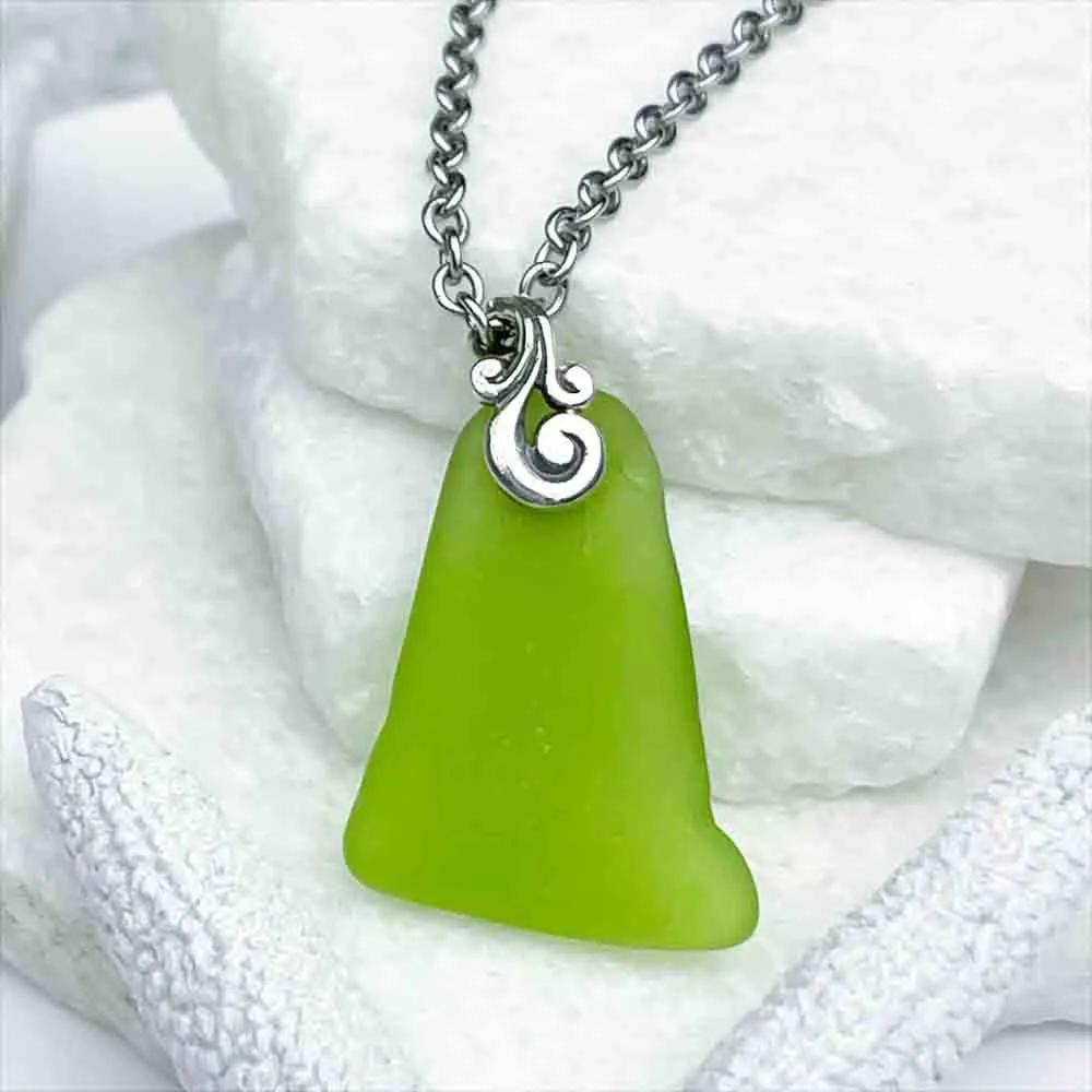 Edgy Lime Green Sea Glass Pendant with Ocean Waves Bail | #1956