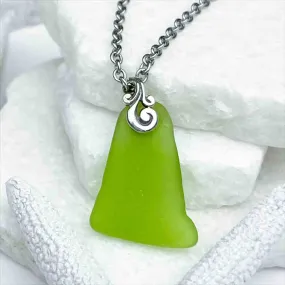 Edgy Lime Green Sea Glass Pendant with Ocean Waves Bail | #1956