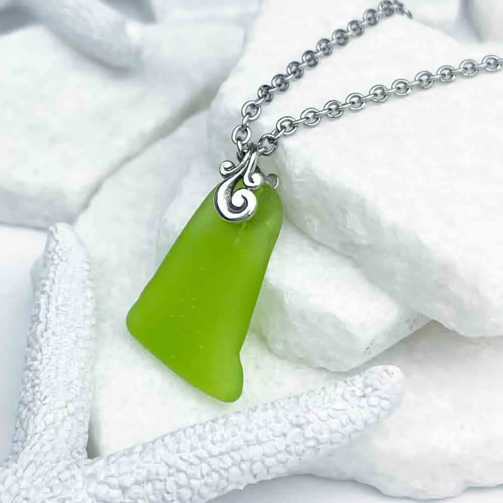 Edgy Lime Green Sea Glass Pendant with Ocean Waves Bail | #1956