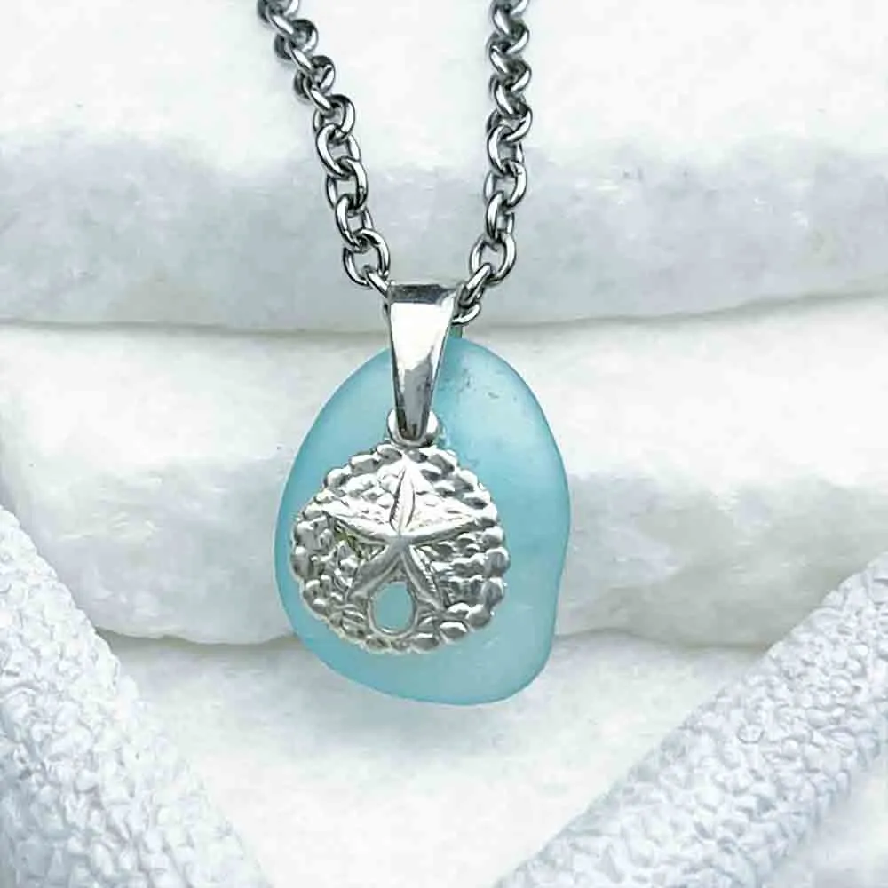 Effervescent Aqua Sea Glass Pendant with Sterling Silver Sand Dollar Charm | 5226