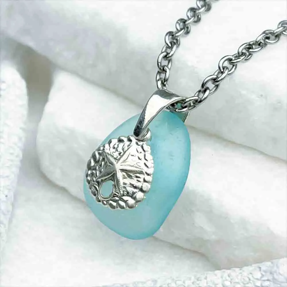 Effervescent Aqua Sea Glass Pendant with Sterling Silver Sand Dollar Charm | 5226