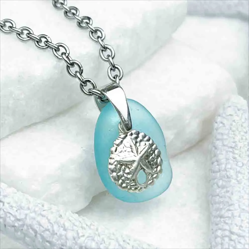 Effervescent Aqua Sea Glass Pendant with Sterling Silver Sand Dollar Charm | 5226