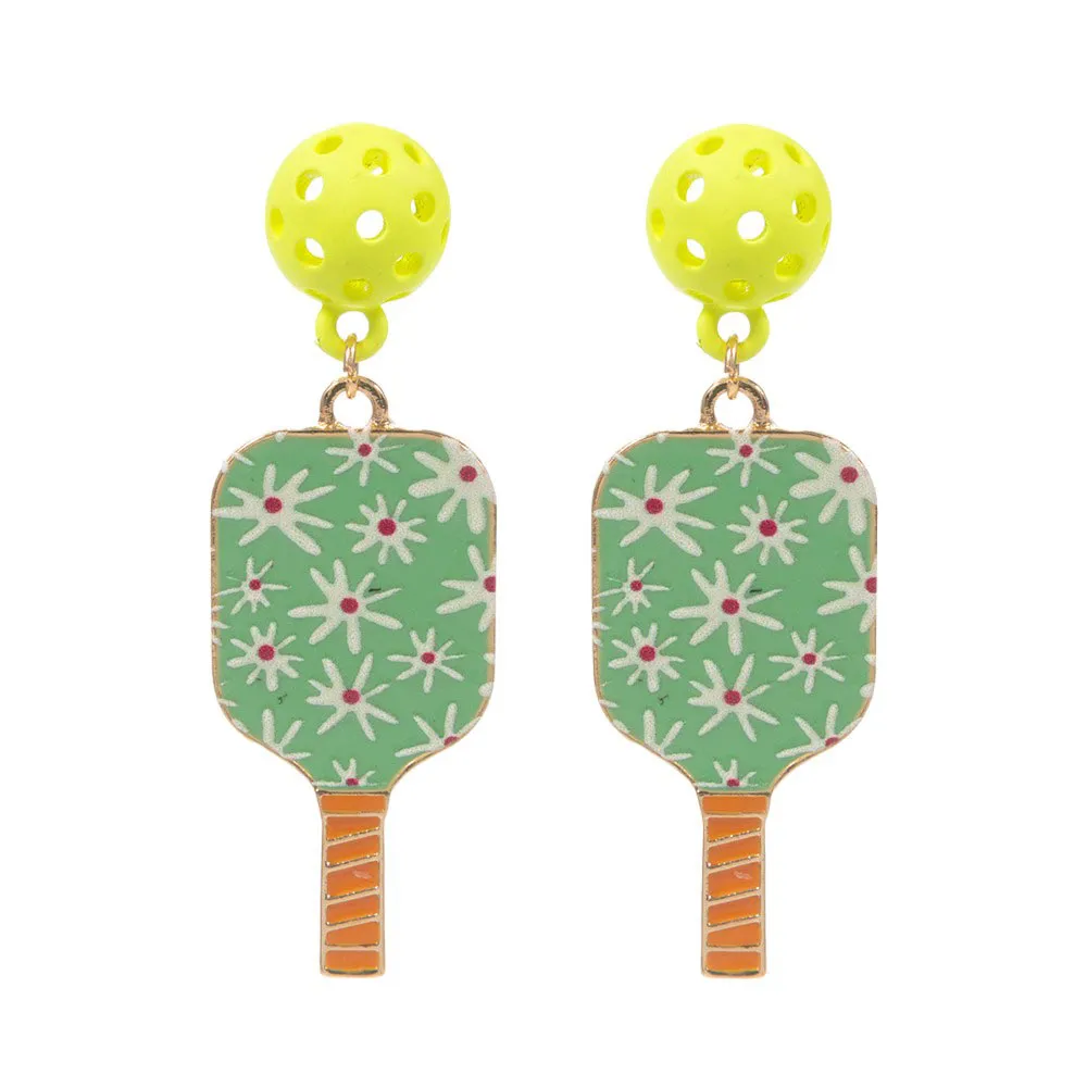 Enamel Flower Pickle Ball Paddle Dangle Earrings