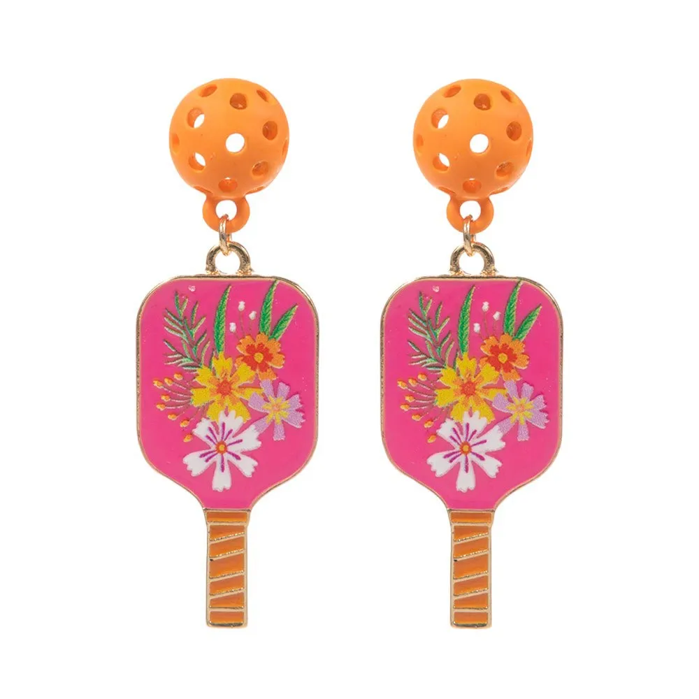 Enamel Flower Pickle Ball Paddle Dangle Earrings