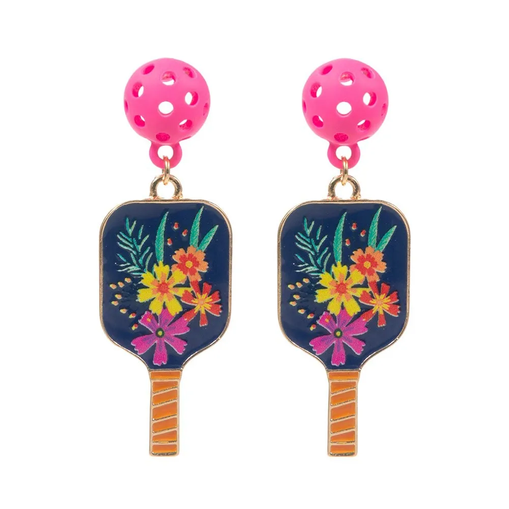 Enamel Flower Pickle Ball Paddle Dangle Earrings