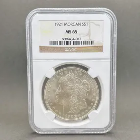 Estate 0.900 Fine Silver 1921 $1 Morgan Dollar NGC MS65