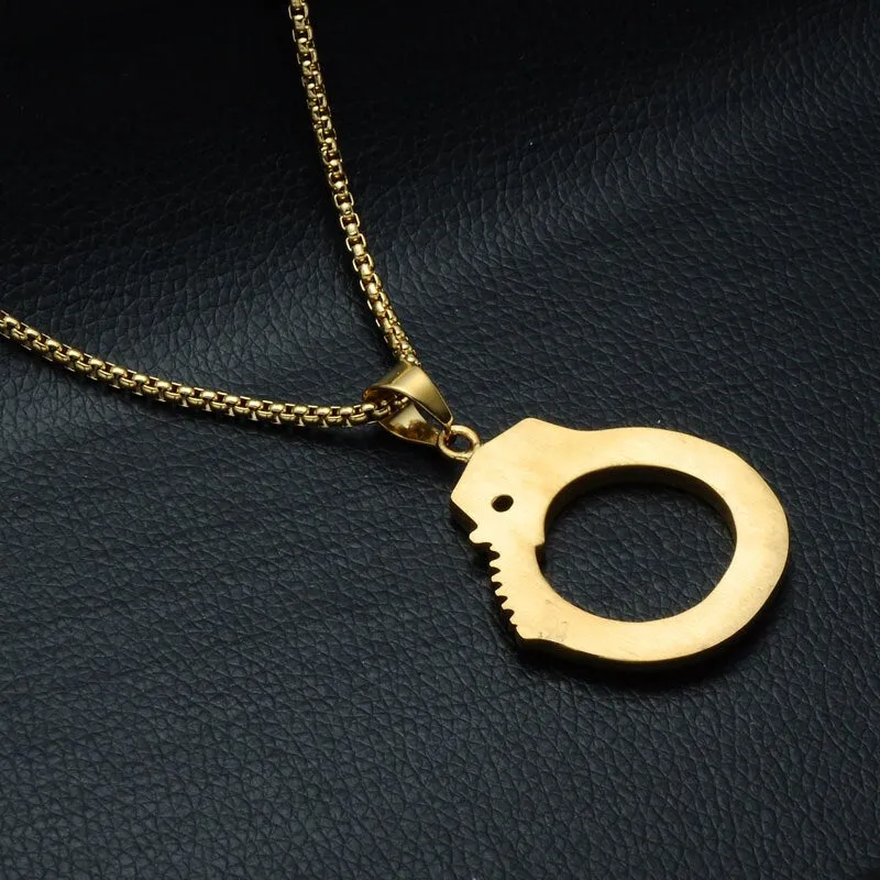 Gemstone-Studded Gold-Plated Handcuff Bling Stainless Steel Hip-hop Pendant Necklace