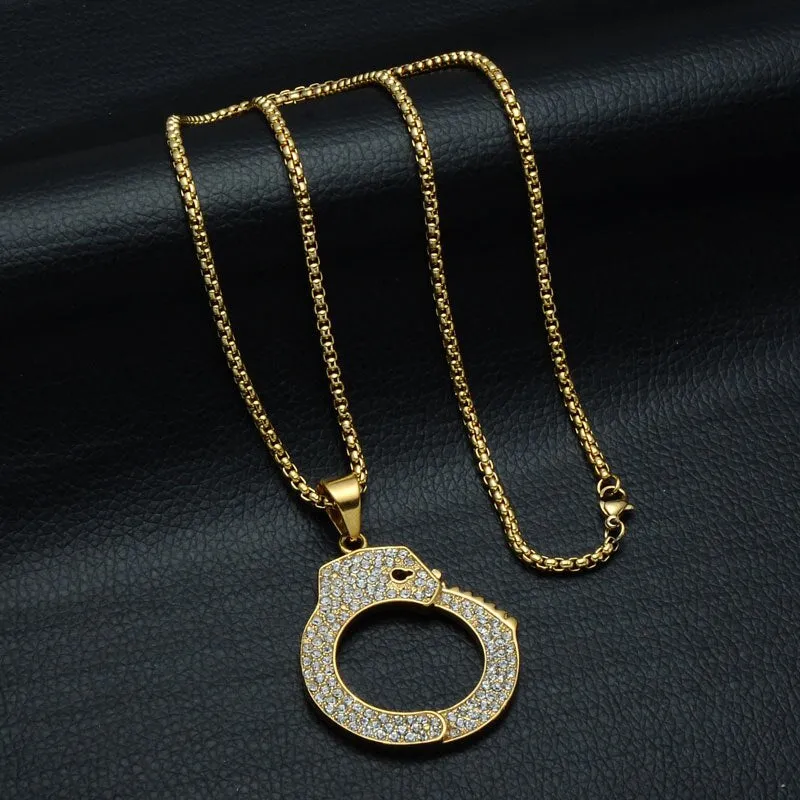 Gemstone-Studded Gold-Plated Handcuff Bling Stainless Steel Hip-hop Pendant Necklace