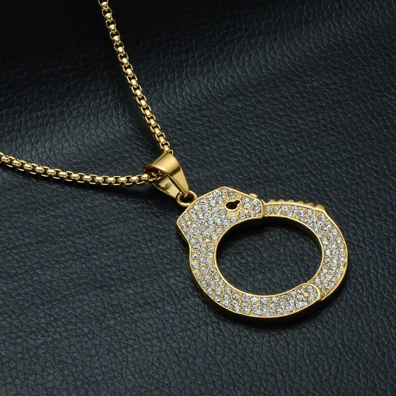 Gemstone-Studded Gold-Plated Handcuff Bling Stainless Steel Hip-hop Pendant Necklace