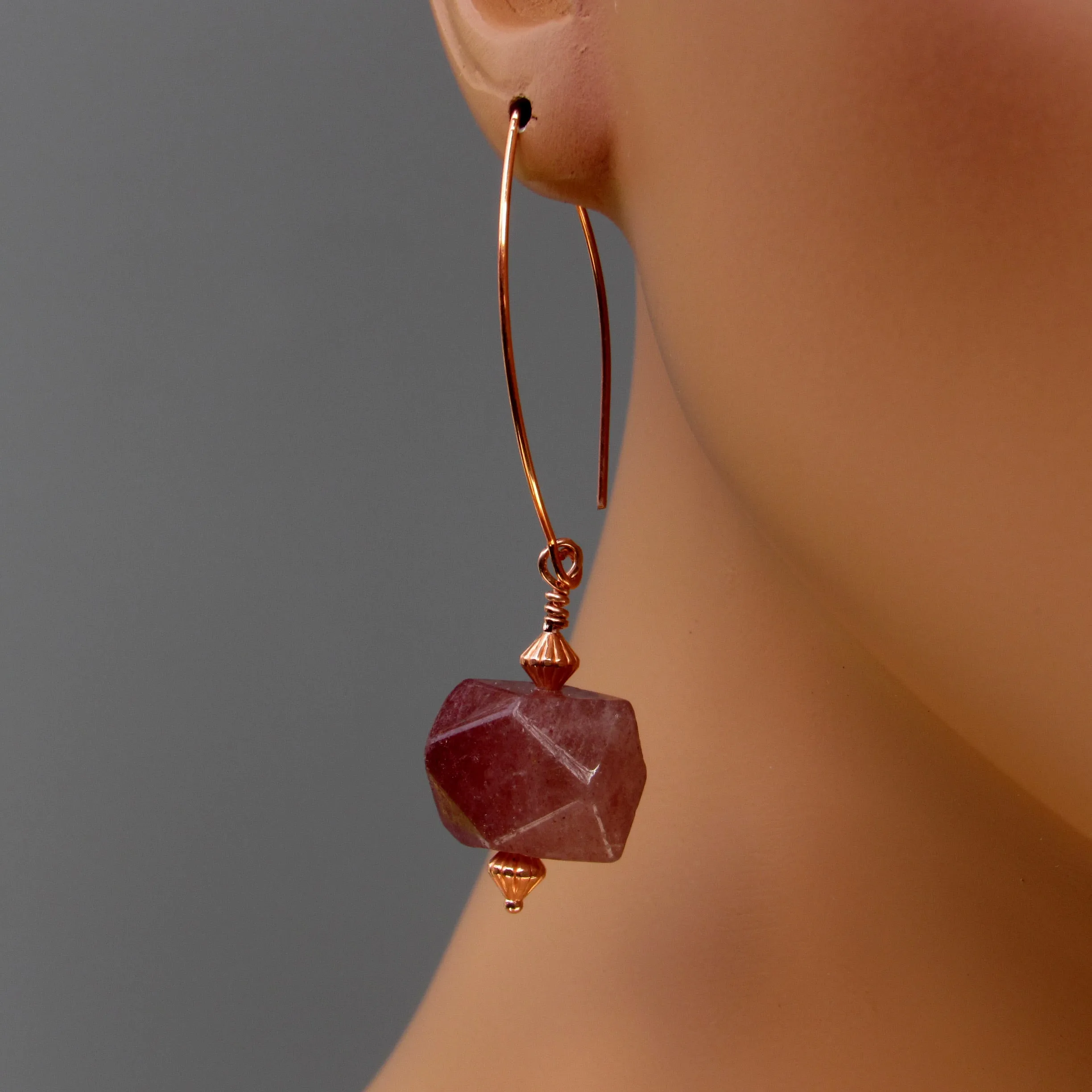 Genuine Copper and Natural Strawberry Quartz gemstone Earrings