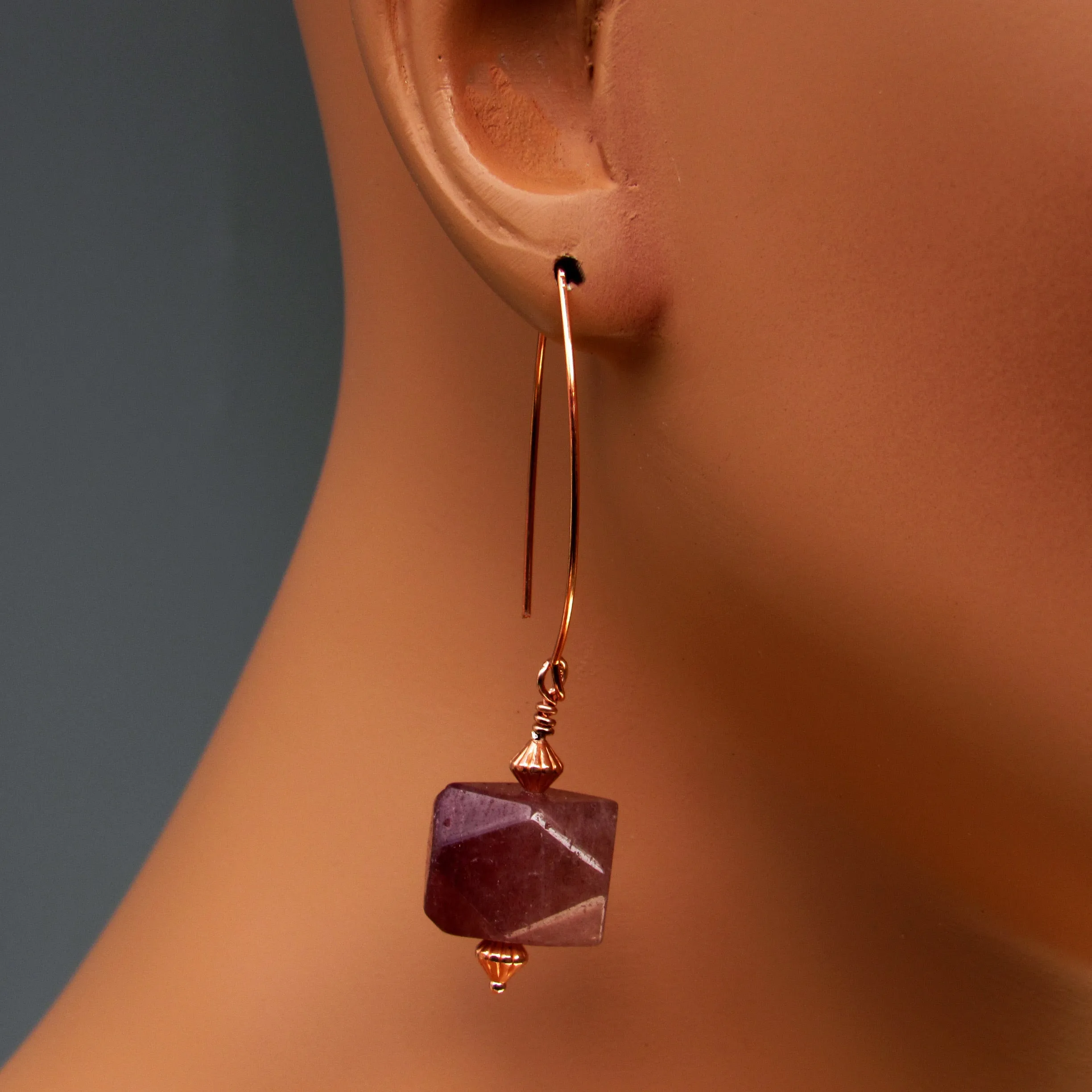 Genuine Copper and Natural Strawberry Quartz gemstone Earrings