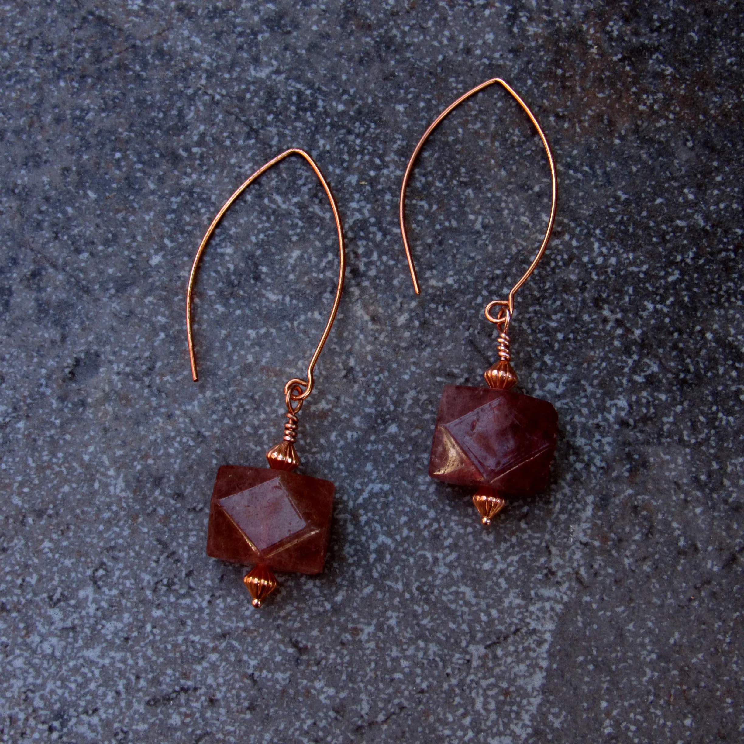 Genuine Copper and Natural Strawberry Quartz gemstone Earrings