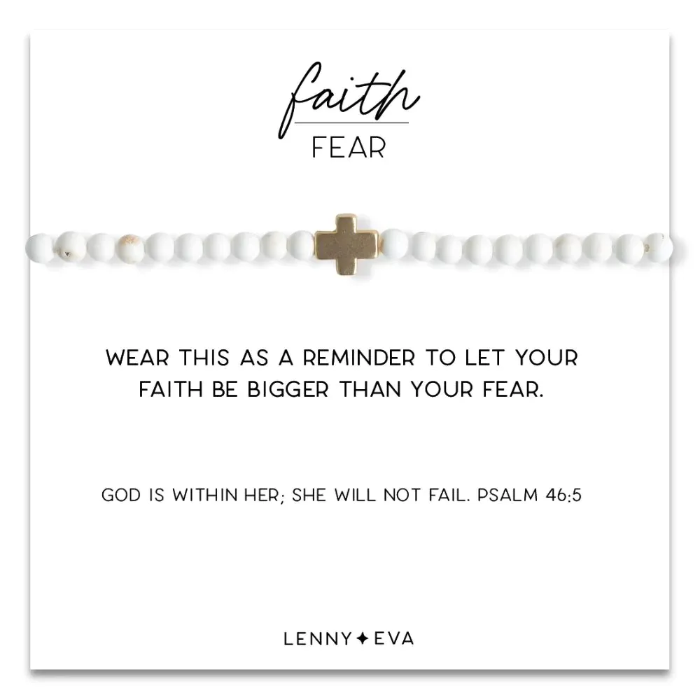 Gold Cross Faith Over Fear Bracelet in Howlite