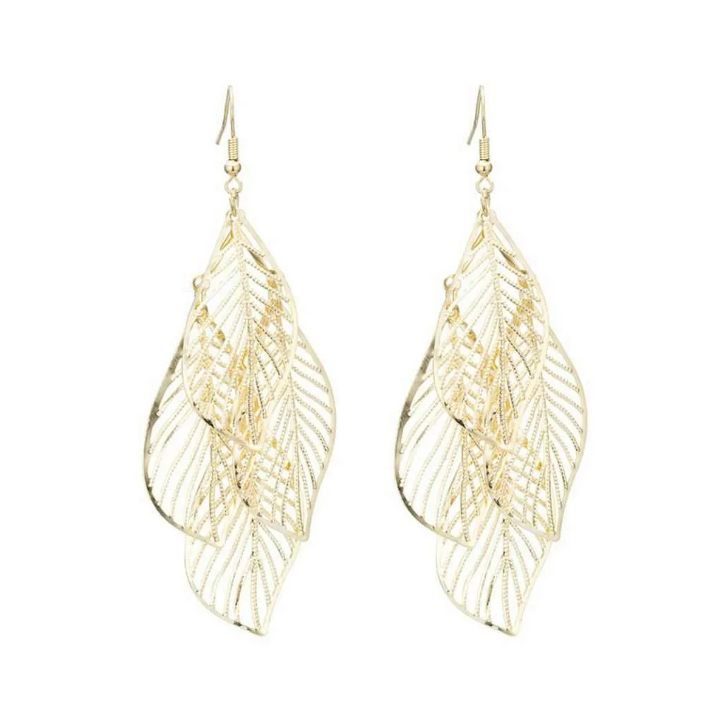 Gold Cut Out Leaf Long Dangle Earrings