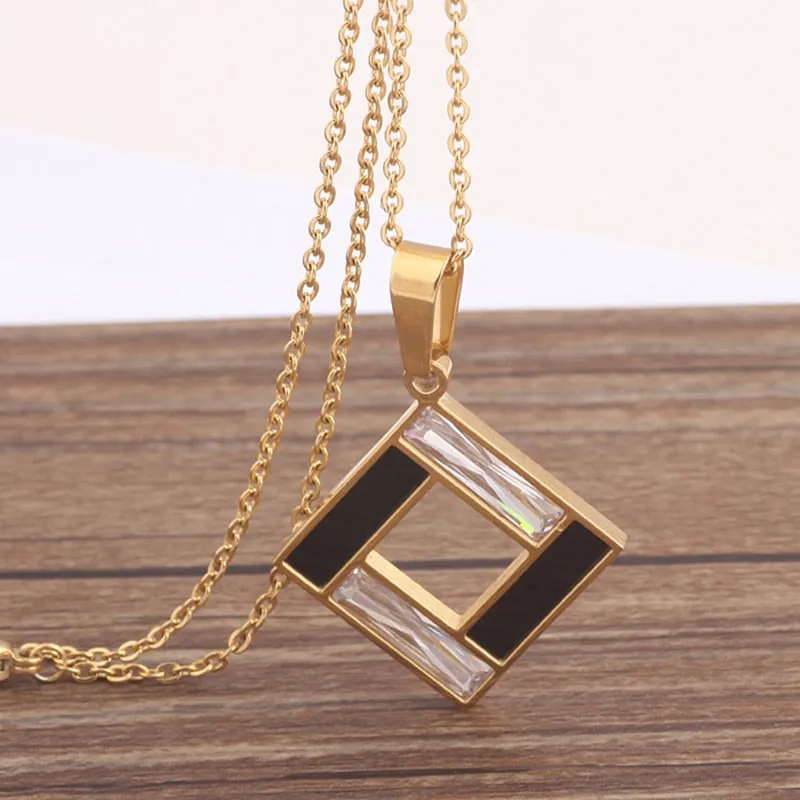 Gold-Plated Rectangular Black and Clear Crystal 316L Stainless Steel Necklace & Earrings Wedding Jewelry Set