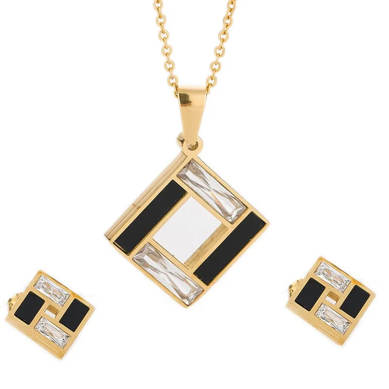 Gold-Plated Rectangular Black and Clear Crystal 316L Stainless Steel Necklace & Earrings Wedding Jewelry Set