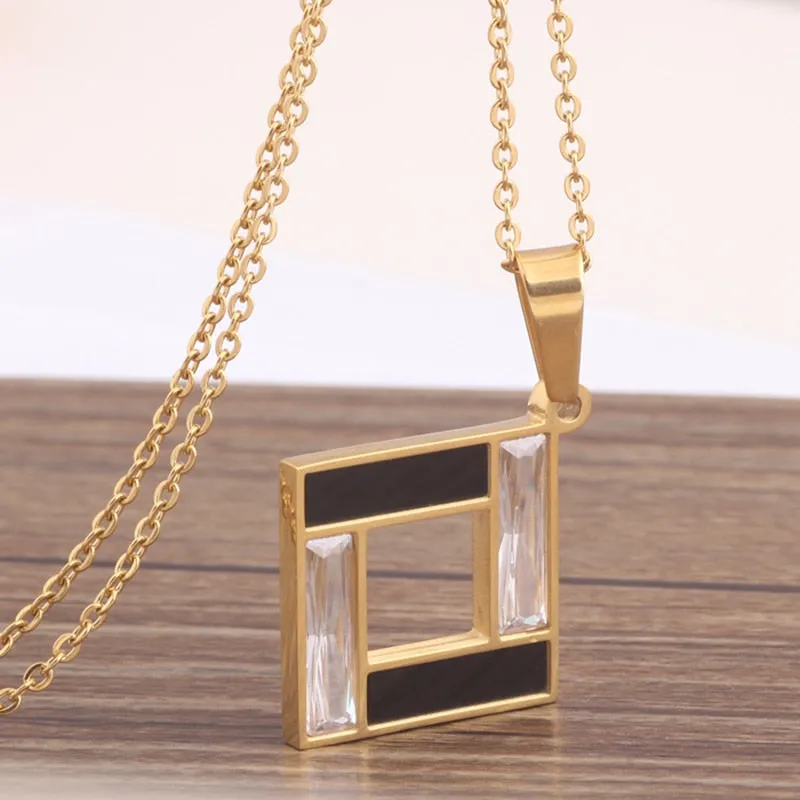 Gold-Plated Rectangular Black and Clear Crystal 316L Stainless Steel Necklace & Earrings Wedding Jewelry Set