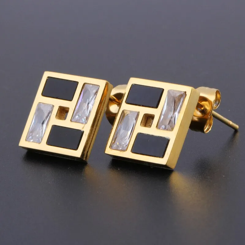 Gold-Plated Rectangular Black and Clear Crystal 316L Stainless Steel Necklace & Earrings Wedding Jewelry Set