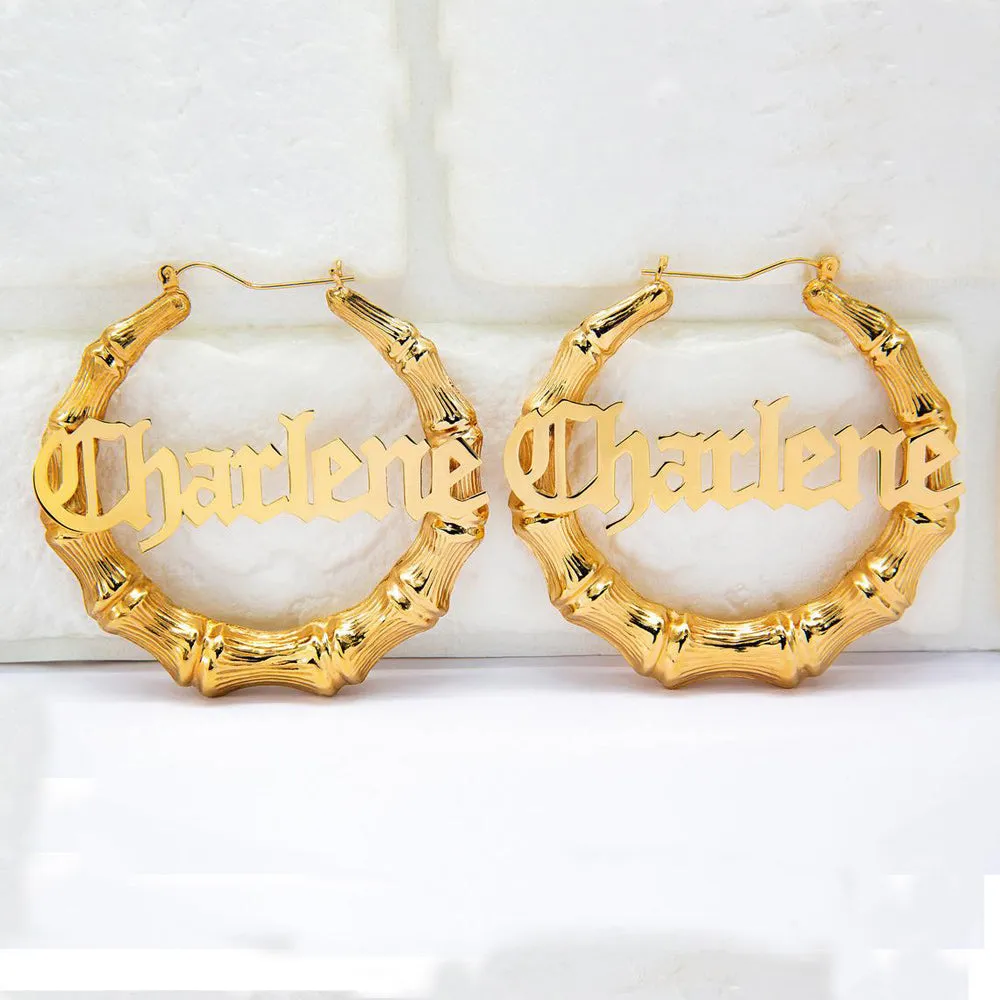 Gothic Bamboo Hoop Name Earrings