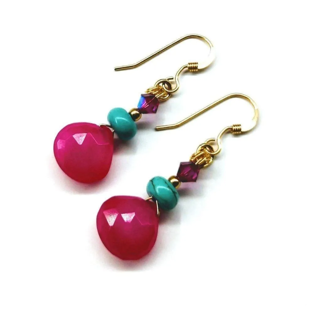 Handcrafted 14K Gold-Filled Gemstone Earrings with Hot Pink Chalcedony and Turquoise