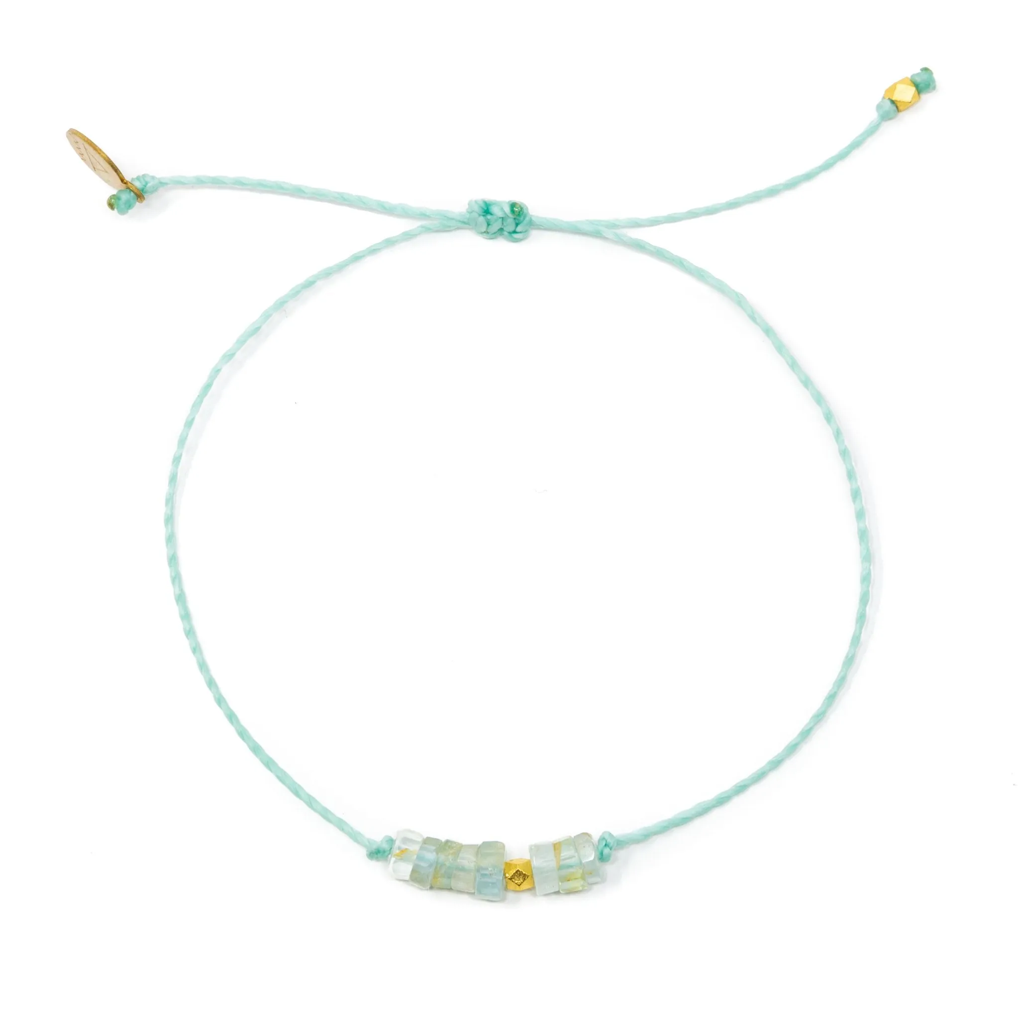 Handmade Intention Bead and Rope Bracelet in Gold - Aquamarine & Cucumber (Courage, Truth and Confidence)