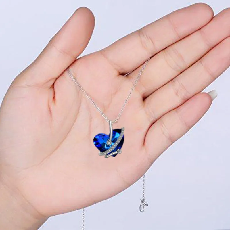 Heart Shaped Zircon Crystal Rhodium Plated Blue Pendant Necklace Gift