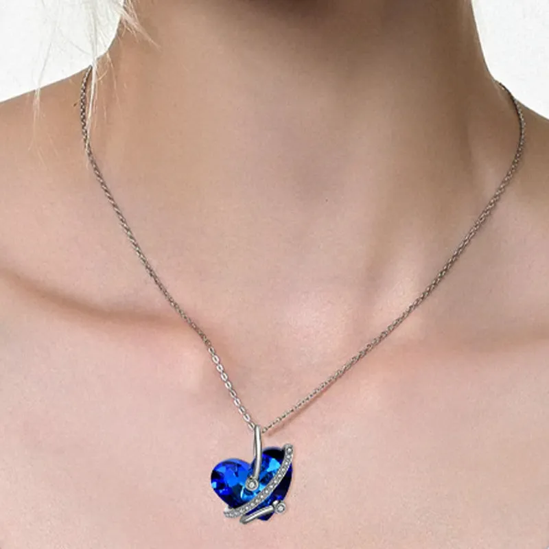 Heart Shaped Zircon Crystal Rhodium Plated Blue Pendant Necklace Gift