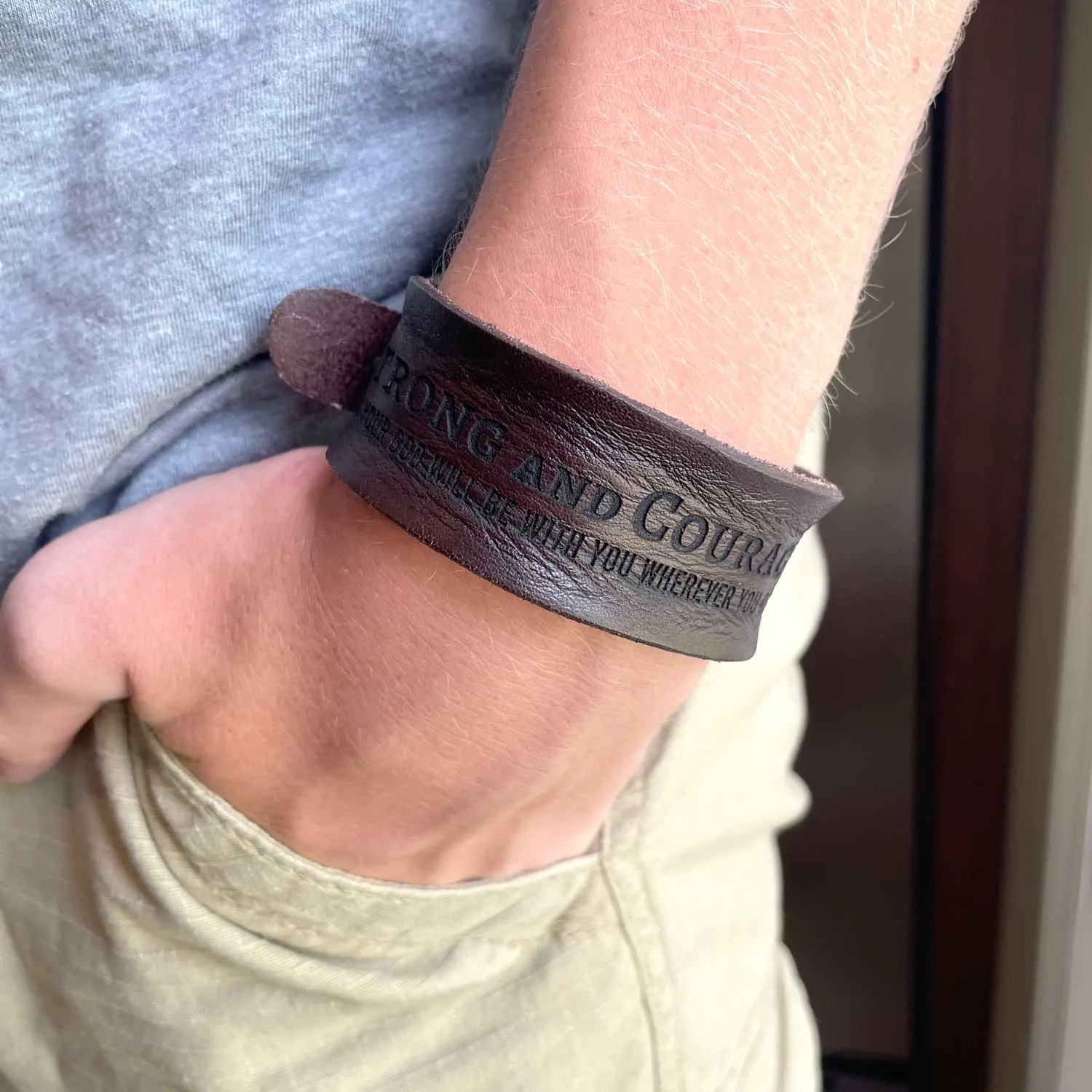 Hunger and Thirst for Righteousness Matthew 5:6 Laser-Engraved Brown Leather Scripture Bracelet with Watch Band Clasp