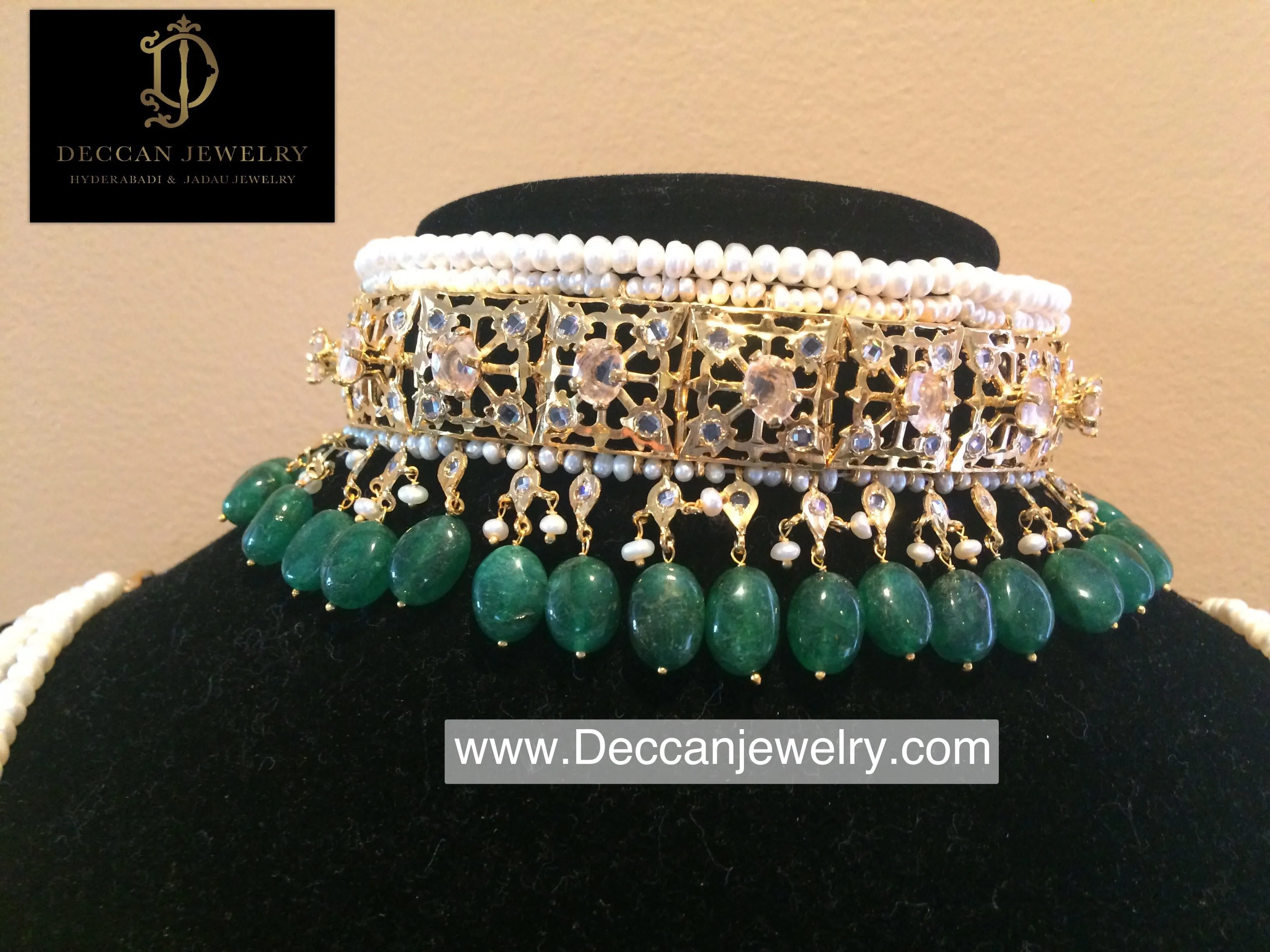 Hyderabadi jadavi lacha in natural pearls and emerald beads ( READY TO SHIP )