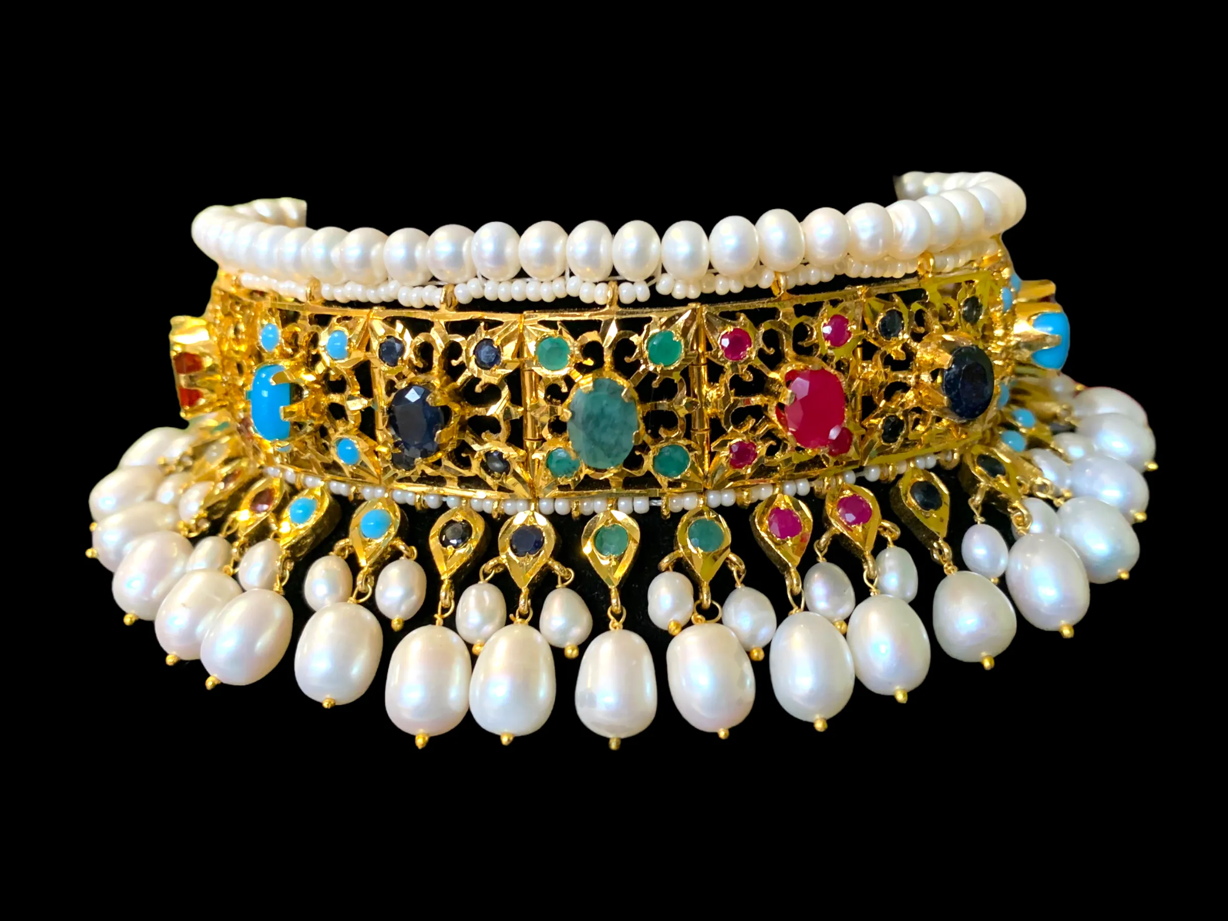 Hyderabadi navratan choker set in gold plated silver