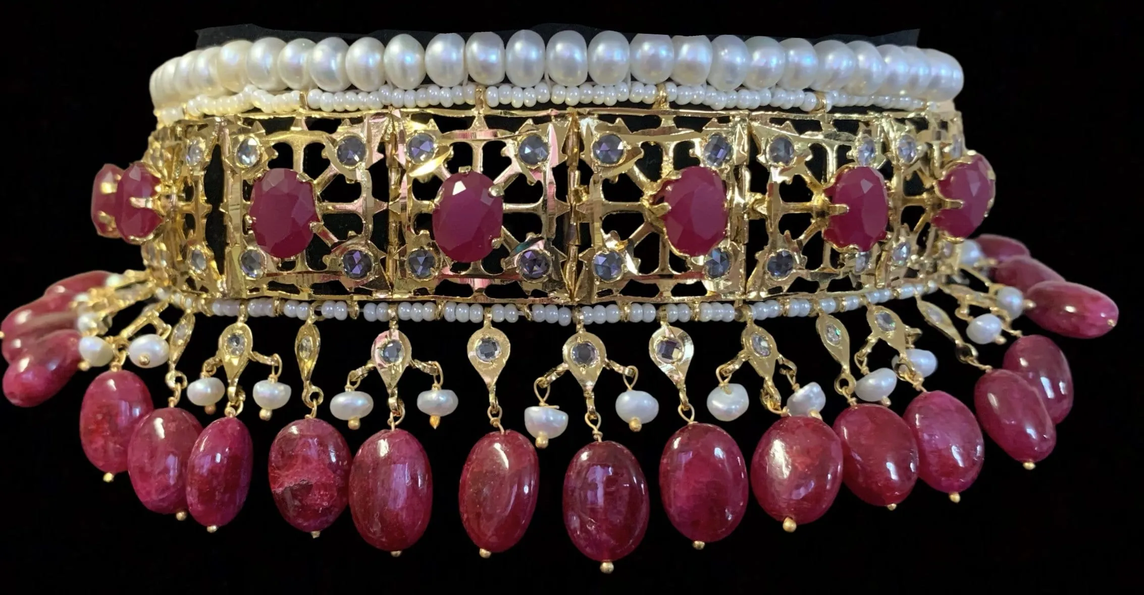 Insia jadavi lacha satlada set in rubies with fresh water pearls ( SHIPS IN 3 WEEKS )