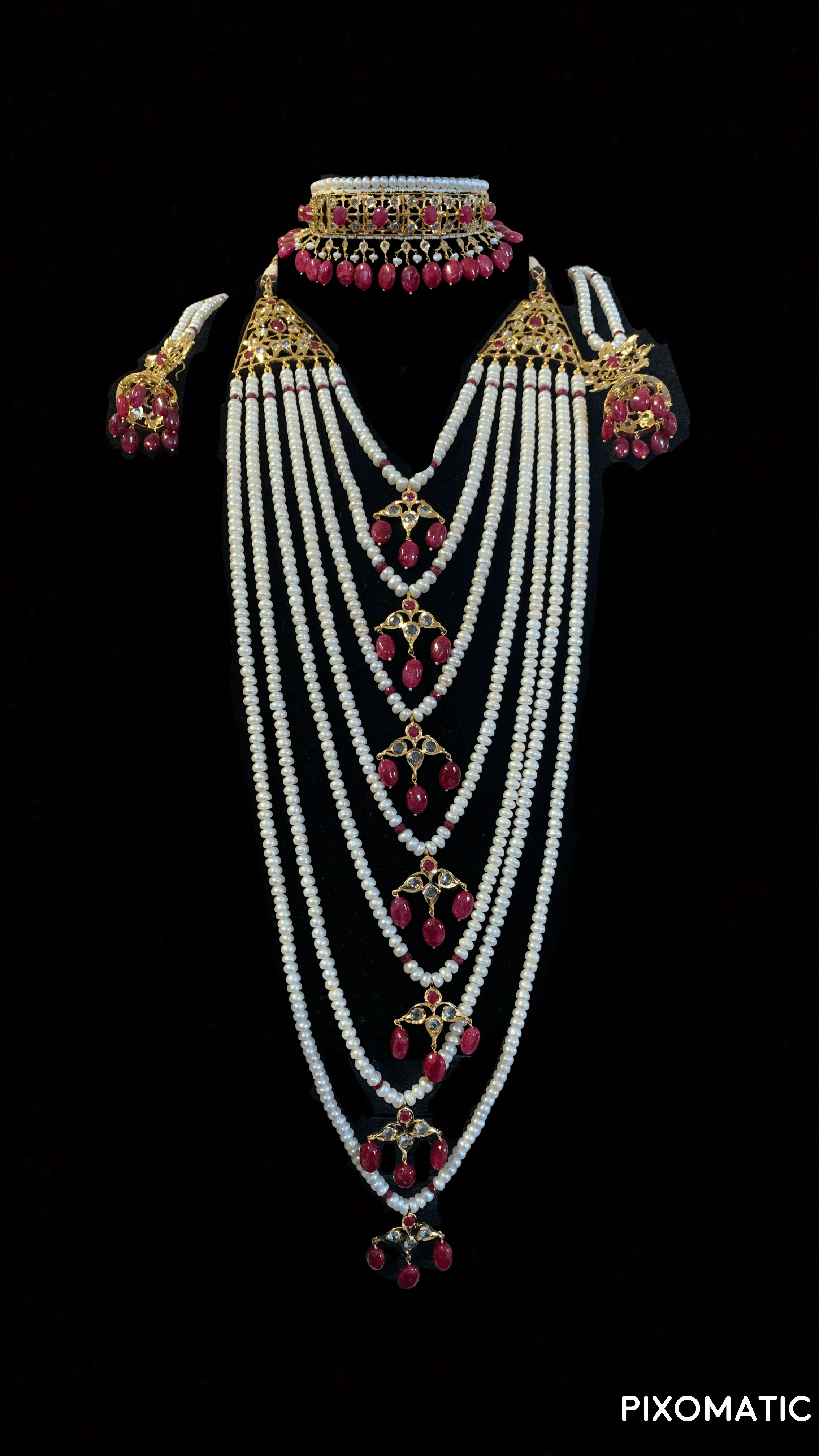 Insia jadavi lacha satlada set in rubies with fresh water pearls ( SHIPS IN 3 WEEKS )