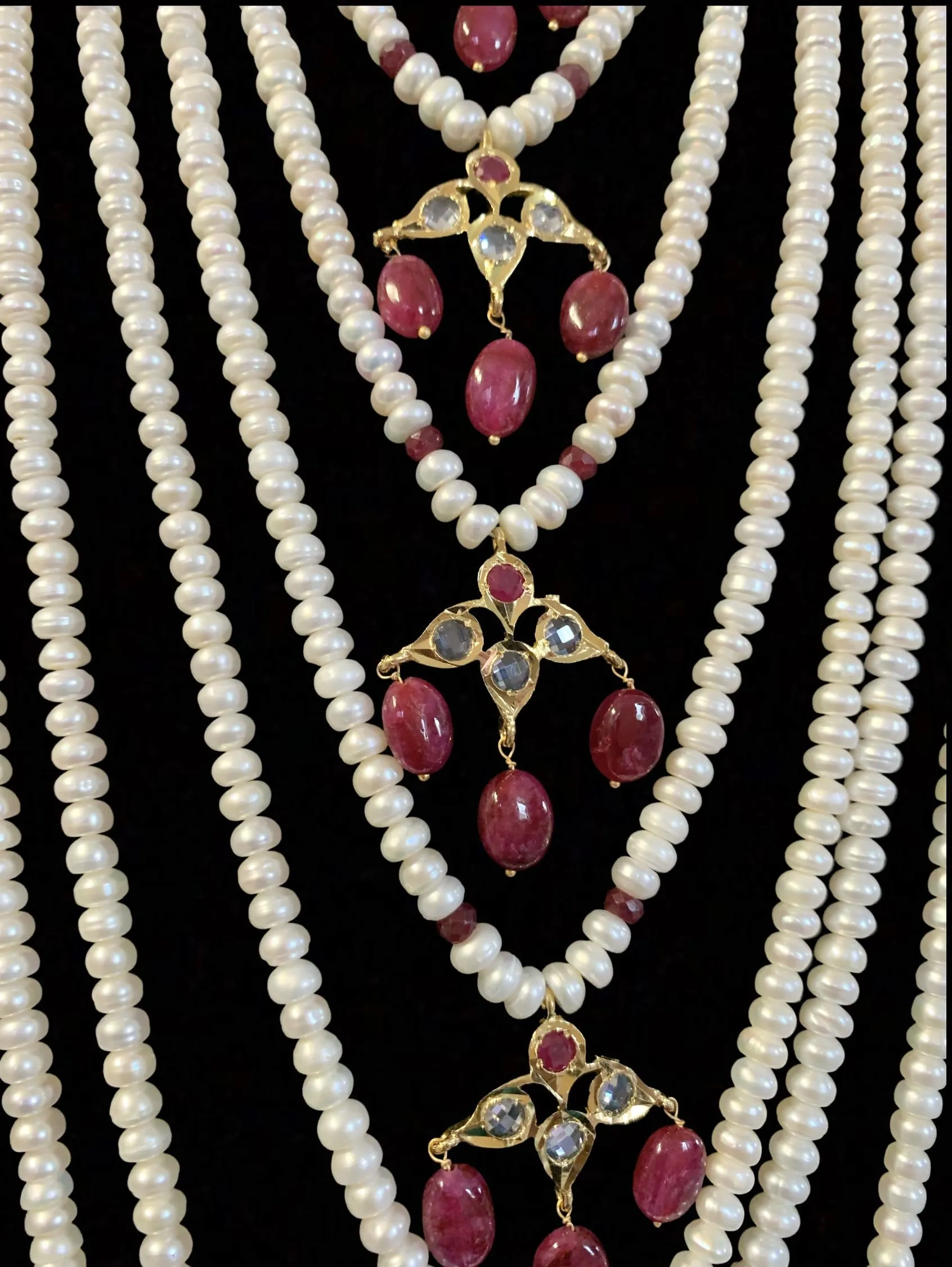 Insia jadavi lacha satlada set in rubies with fresh water pearls ( SHIPS IN 3 WEEKS )