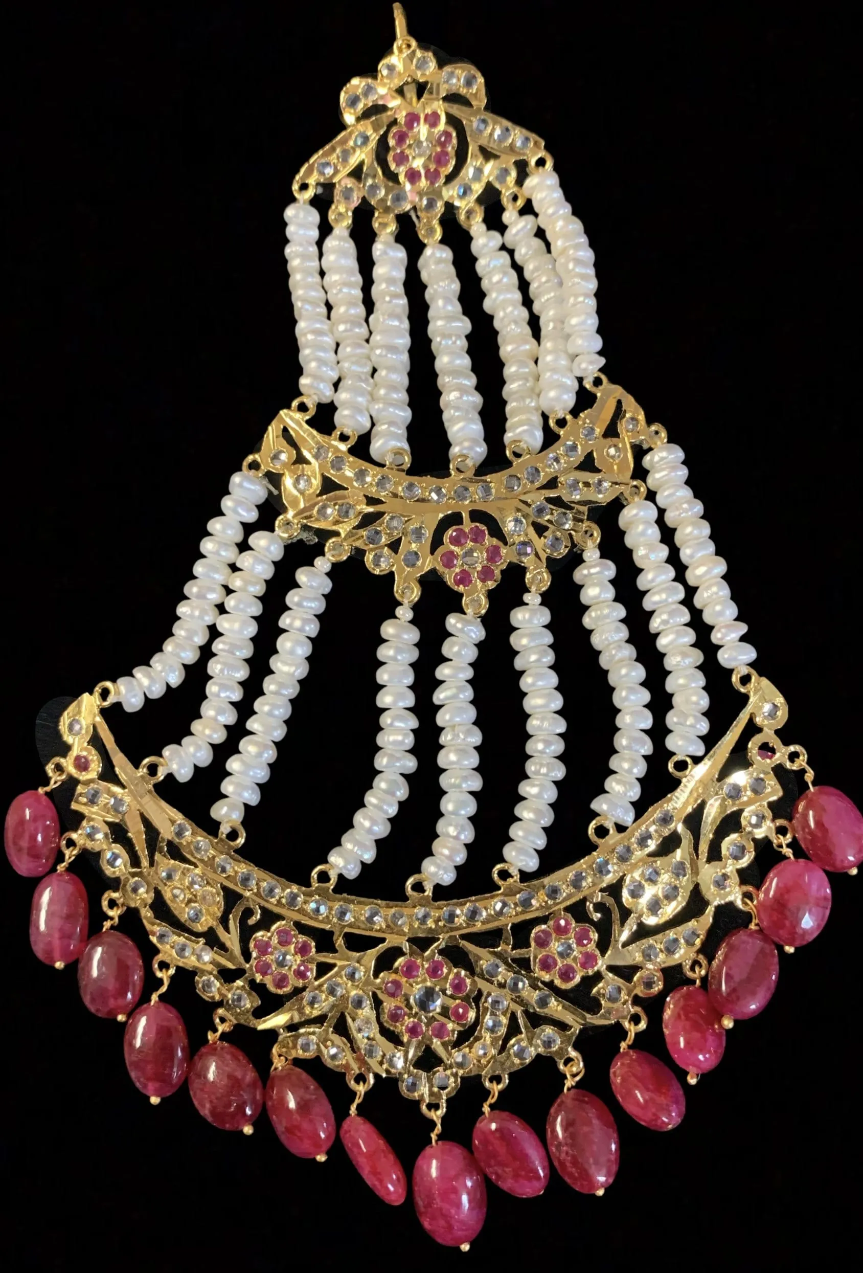 Insia jadavi lacha satlada set in rubies with fresh water pearls ( SHIPS IN 3 WEEKS )