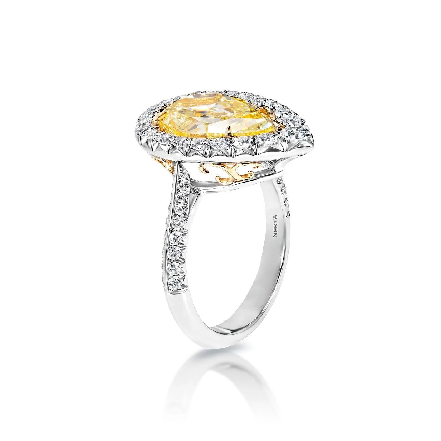 Kendall 5 Carat Fancy Intense Yellow SI1 Pear Shape Diamond Engagement Ring in White Gold. GIA Certified By Mike Nekta