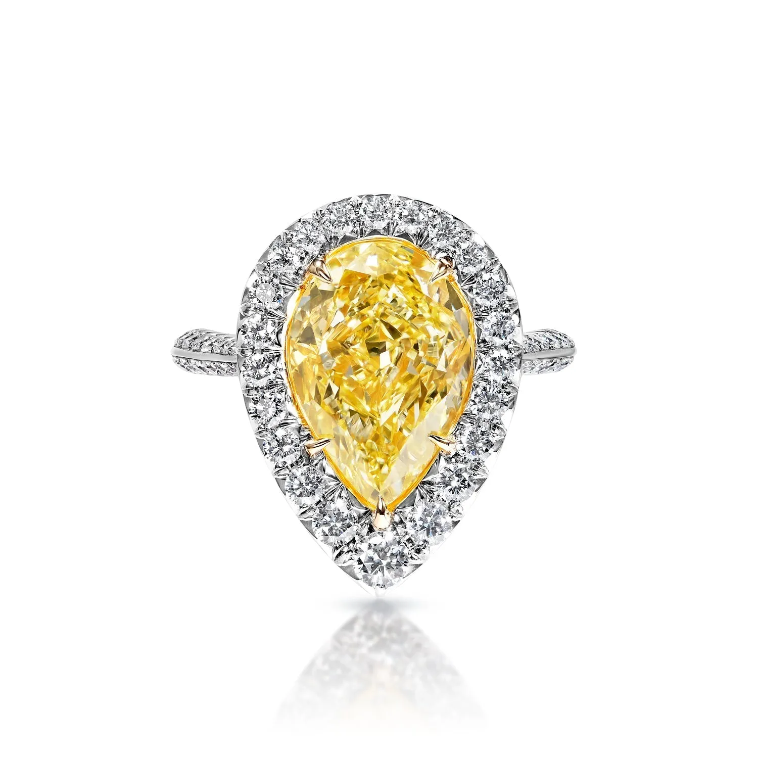 Kendall 5 Carat Fancy Intense Yellow SI1 Pear Shape Diamond Engagement Ring in White Gold. GIA Certified By Mike Nekta