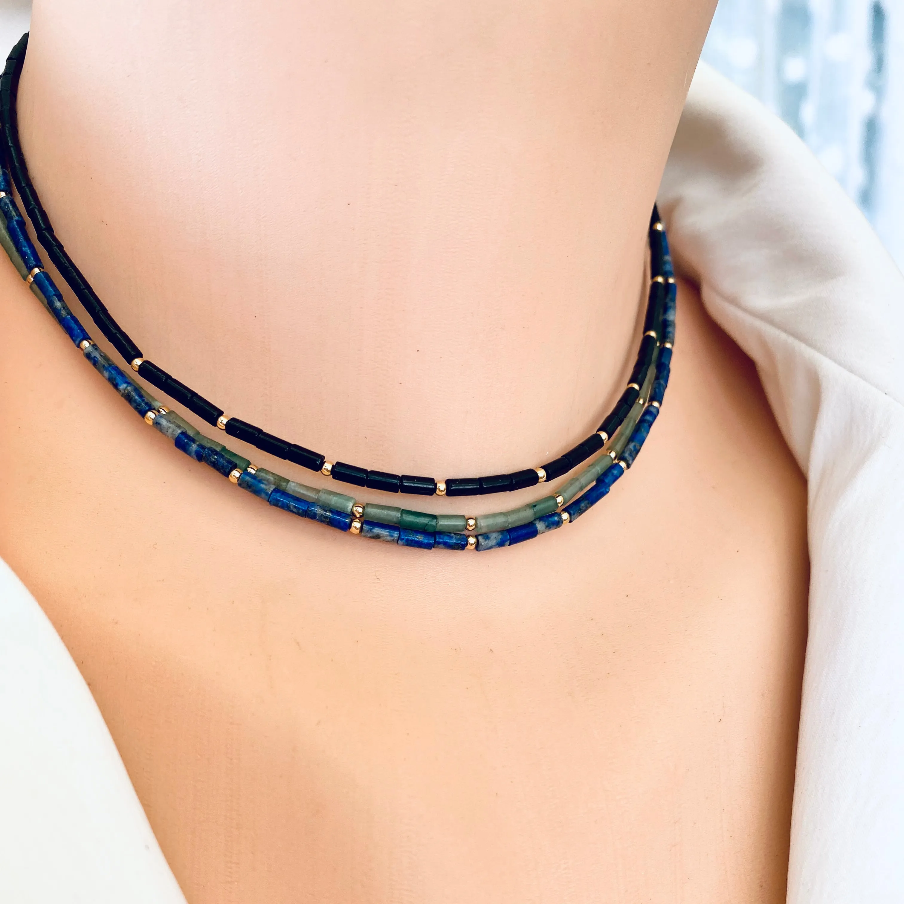 Lapis Lazuli, Black or Green Onyx Dainty Choker Necklace, Gold Filled, 14in