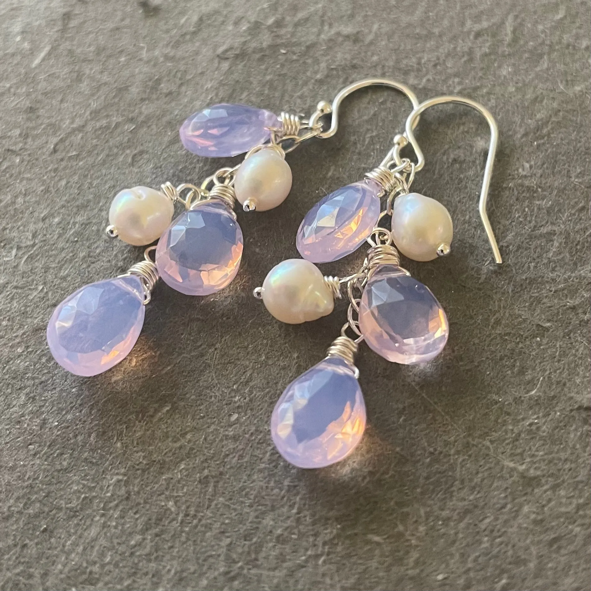 Lavender Opalite Quartz and Pearl Cascade Earrings