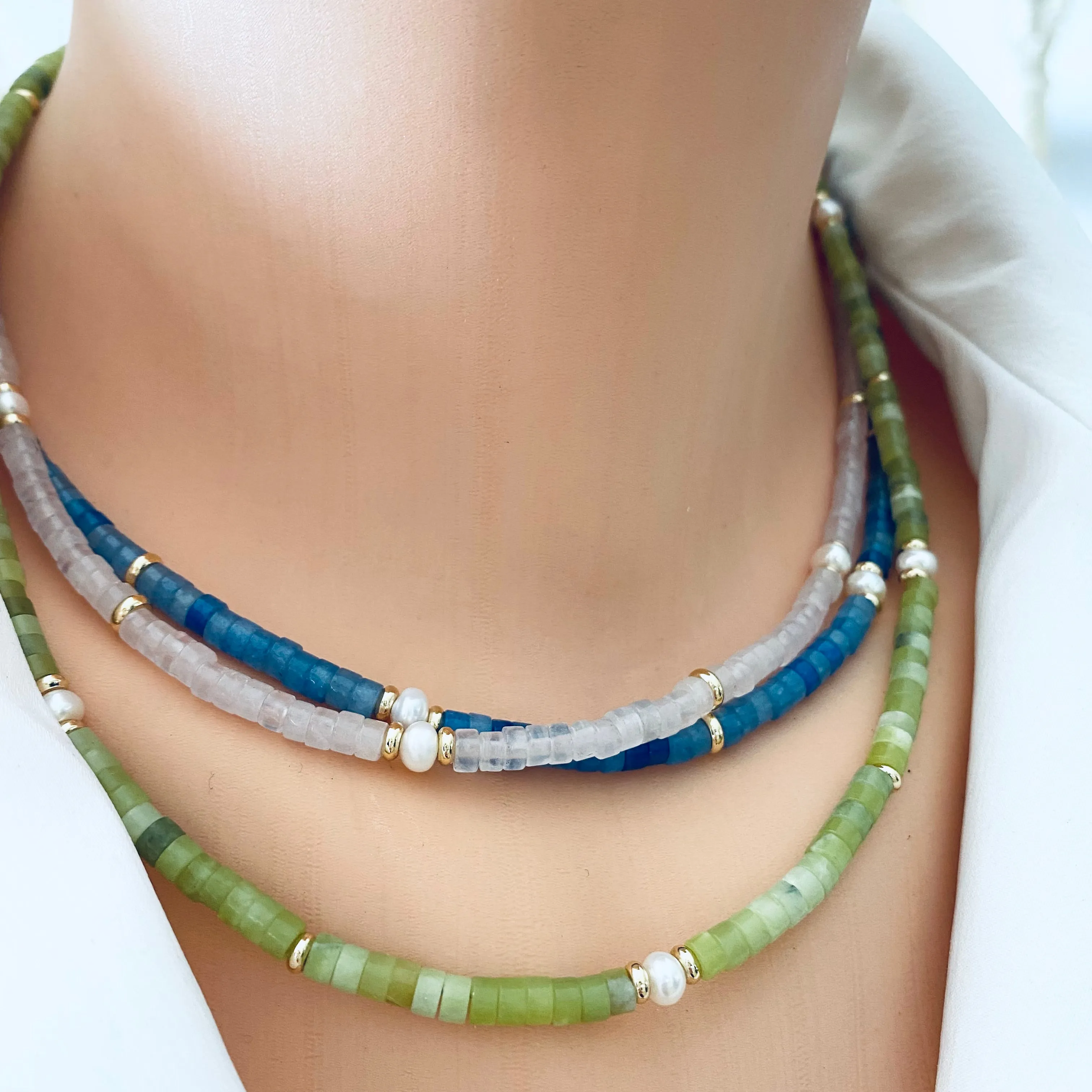 Layers of Multi Gemstones Beaded Choker Necklaces, Red, Blue & Green Aventurine, Rose Quartz, Yellow, Green Jade