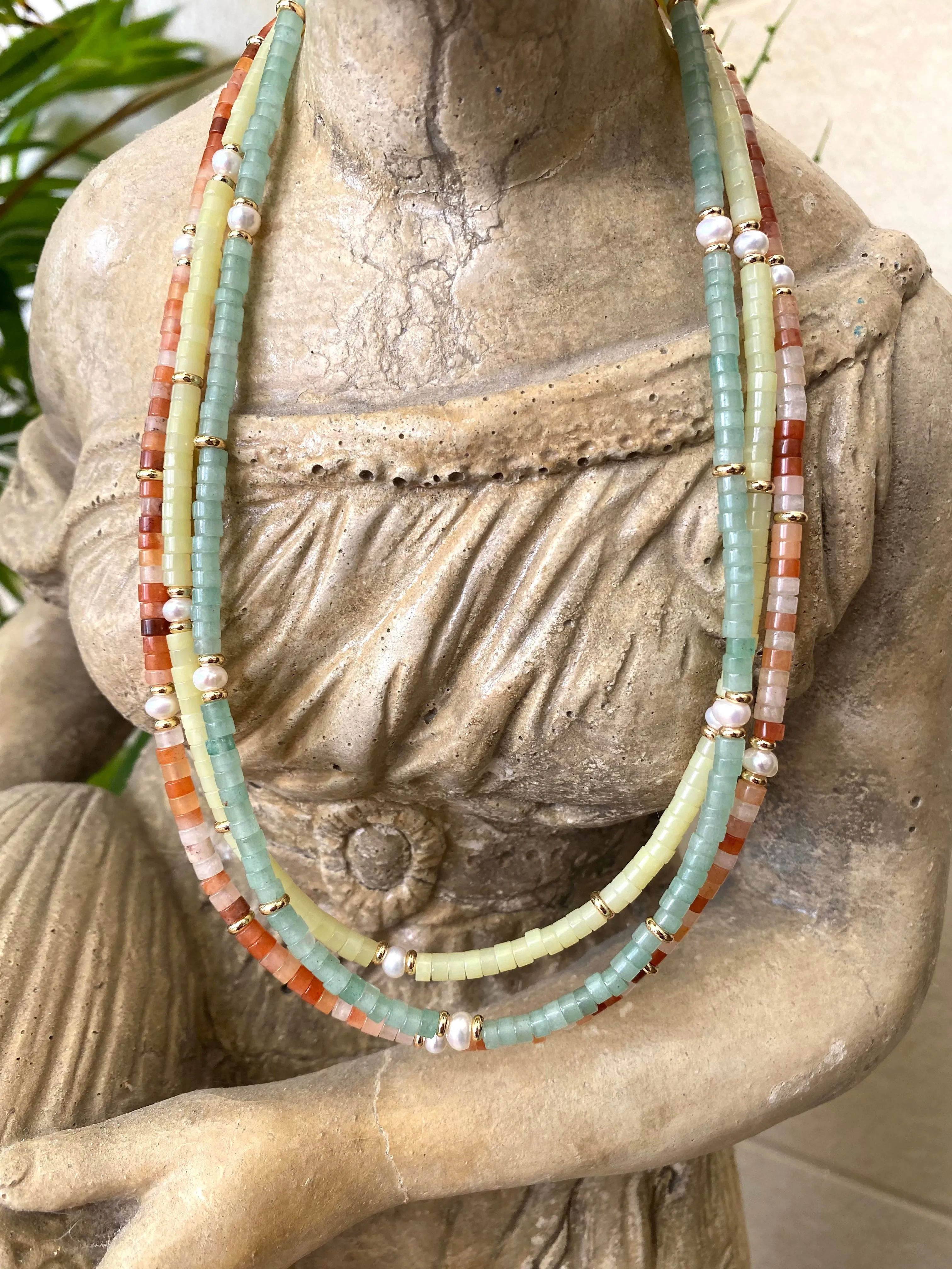 Layers of Multi Gemstones Beaded Choker Necklaces, Red, Blue & Green Aventurine, Rose Quartz, Yellow, Green Jade