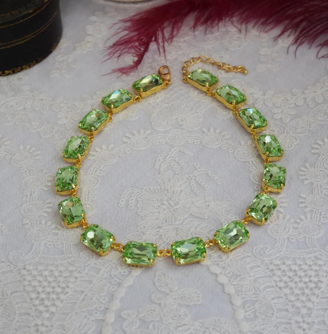 Light Green Aurora Crystal Collet Necklace - Large Octagon