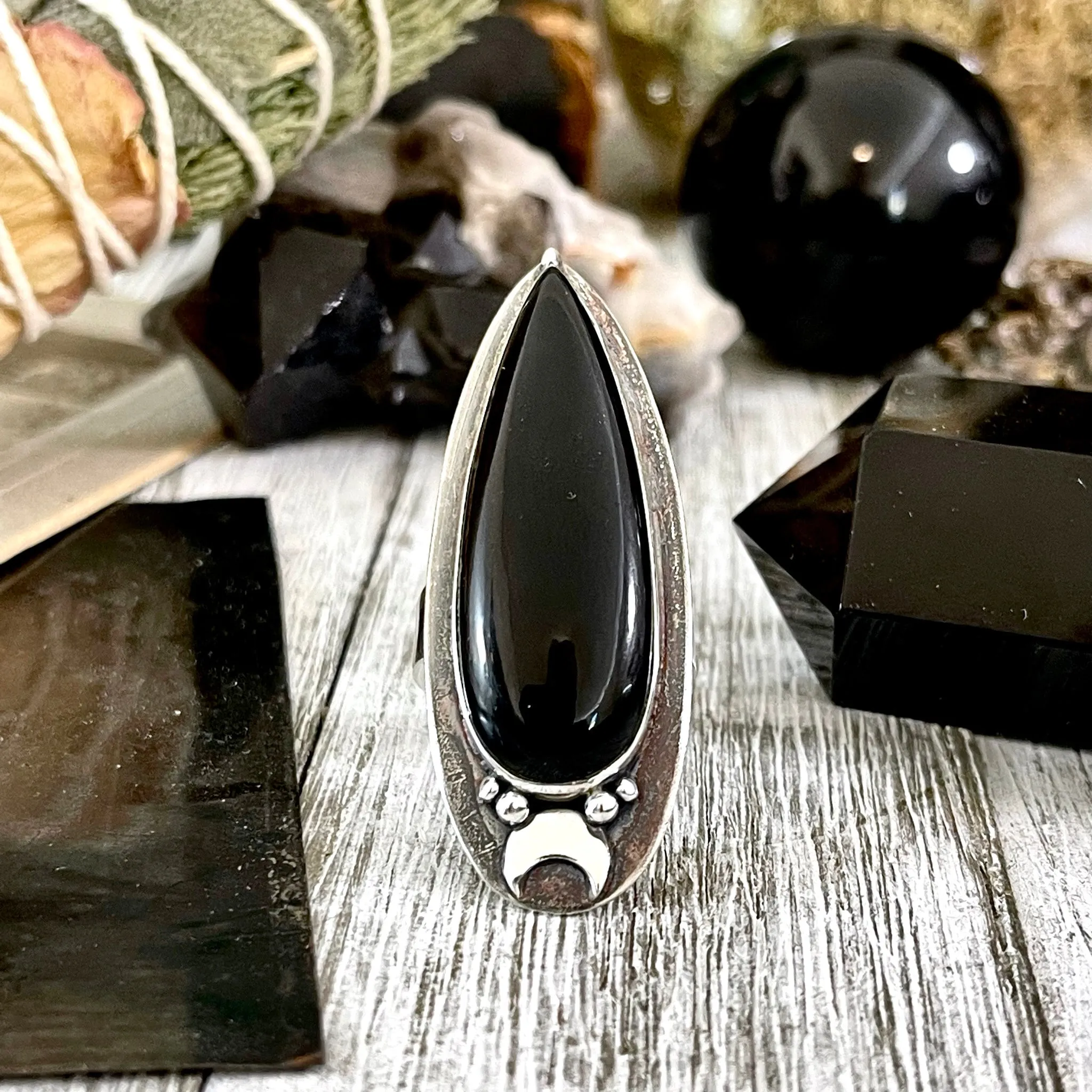 Magic Moons Black Onyx Ring in Sterling Silver /  Designed by FOXLARK Collection Adjustable to Size 6 7 8 9 10