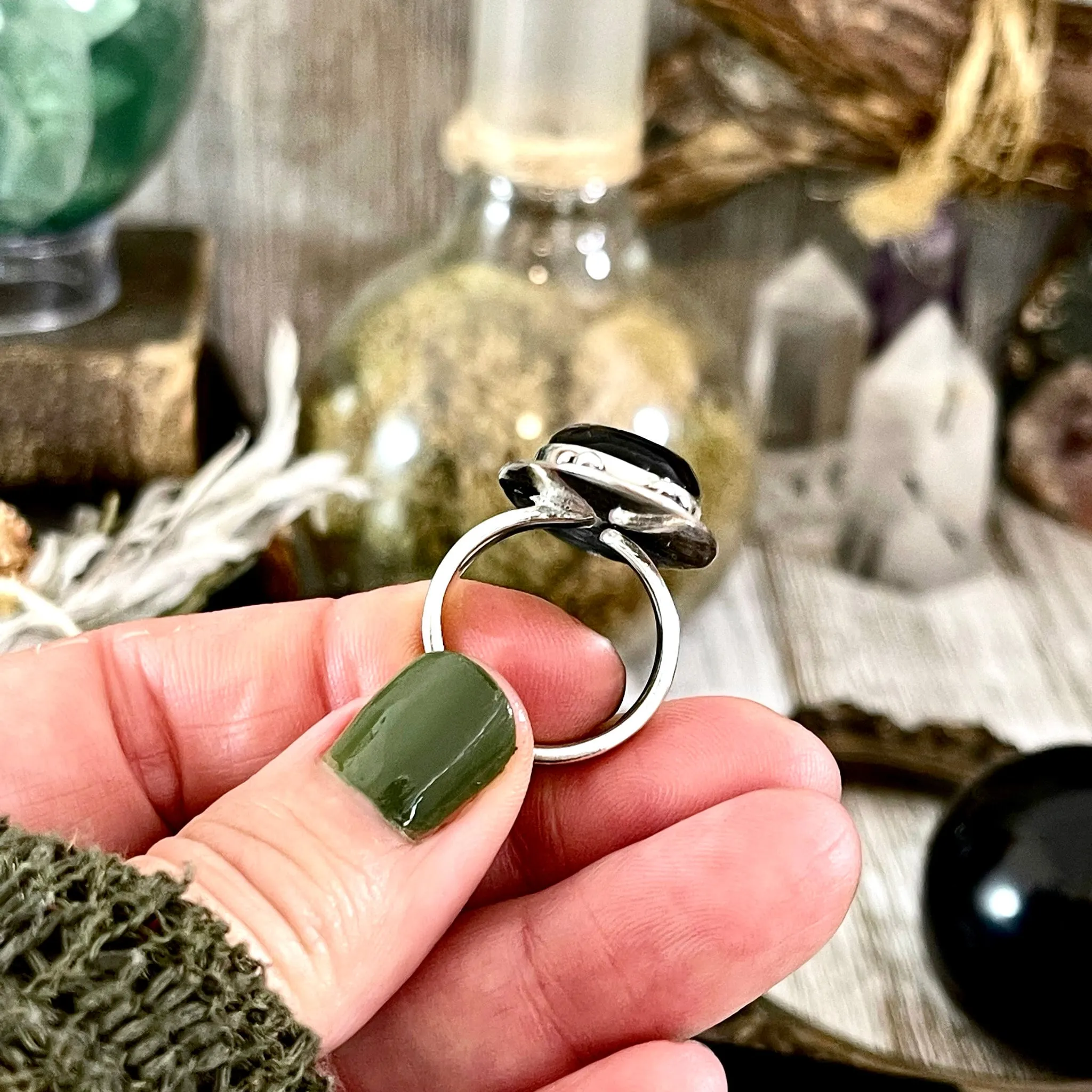 Magic Moons Black Onyx Ring in Sterling Silver /  Designed by FOXLARK Collection Adjustable to Size 6 7 8 9 10