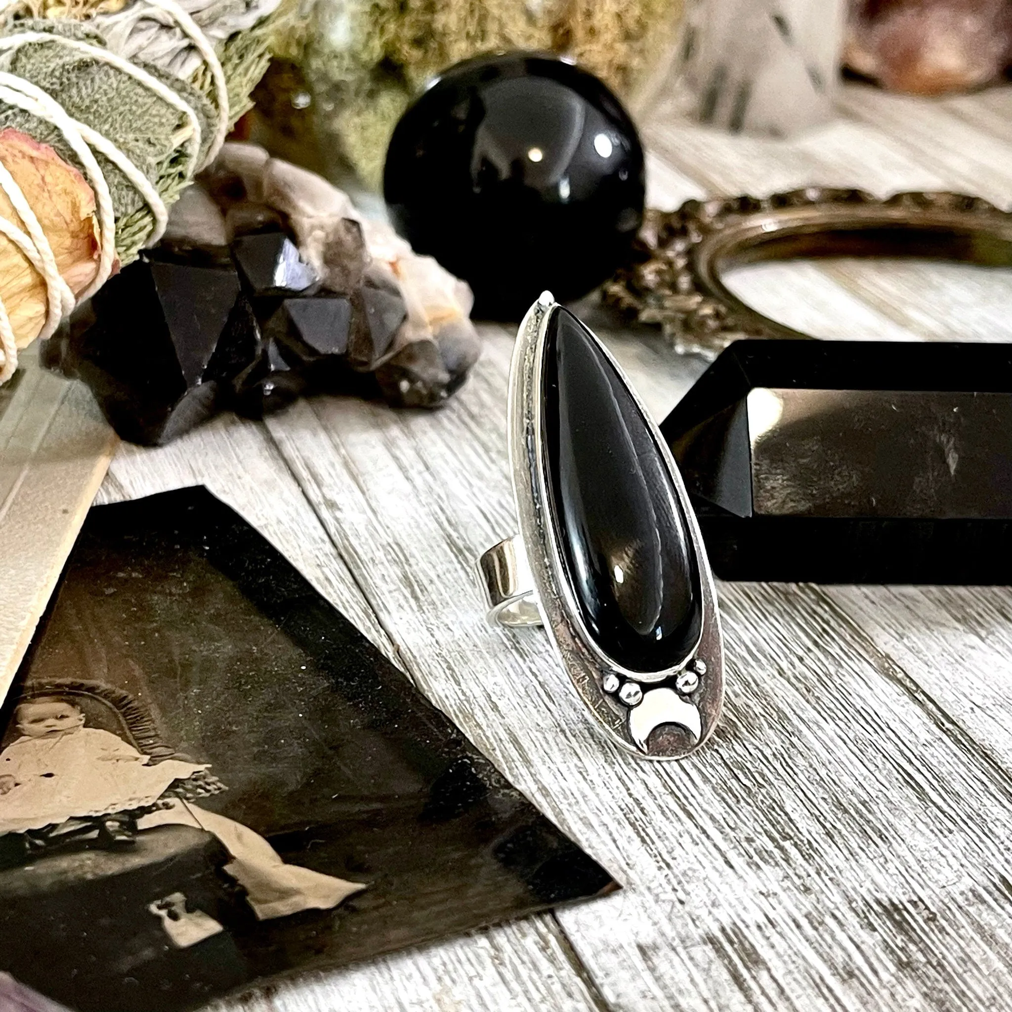 Magic Moons Black Onyx Ring in Sterling Silver /  Designed by FOXLARK Collection Adjustable to Size 6 7 8 9 10