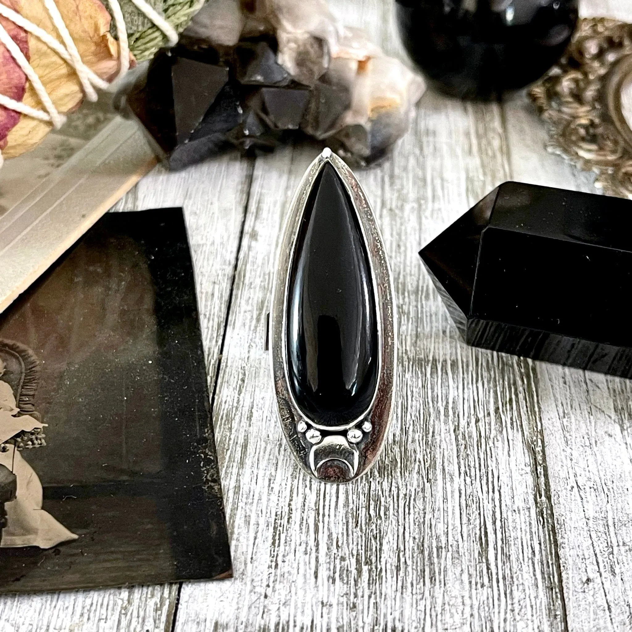 Magic Moons Black Onyx Ring in Sterling Silver /  Designed by FOXLARK Collection Adjustable to Size 6 7 8 9 10