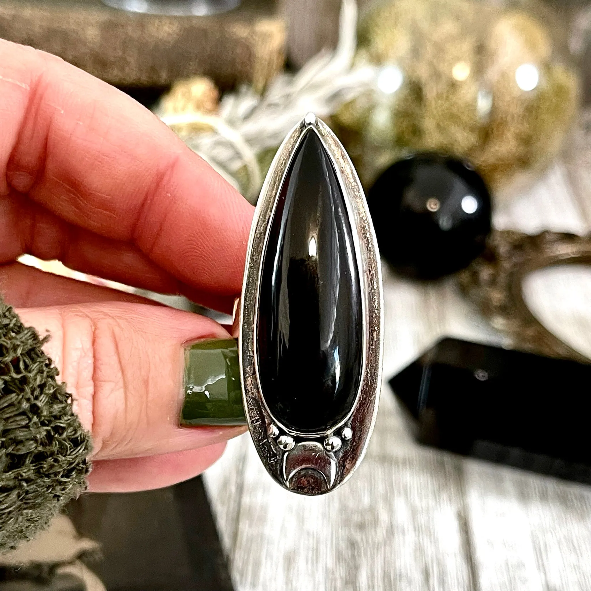 Magic Moons Black Onyx Ring in Sterling Silver /  Designed by FOXLARK Collection Adjustable to Size 6 7 8 9 10