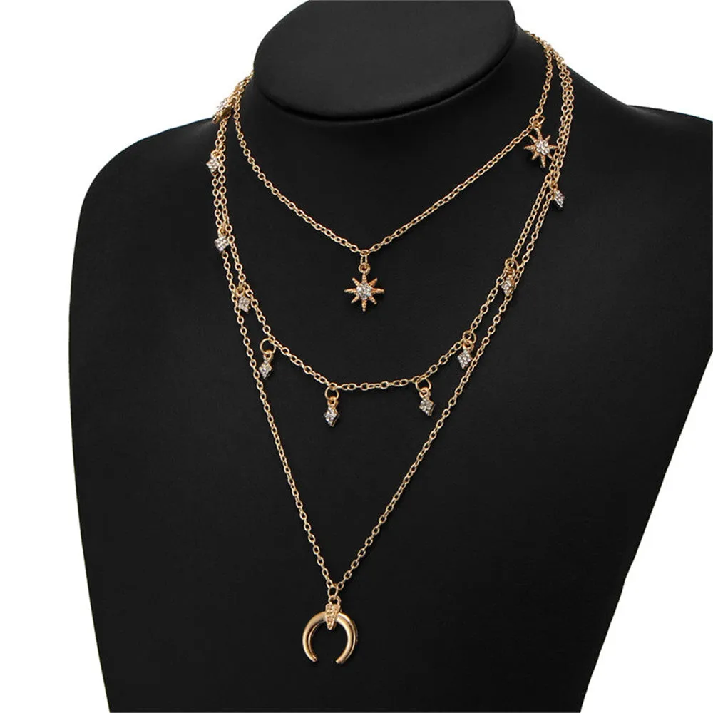 Multi Layer Moon Star Pendant Necklaces