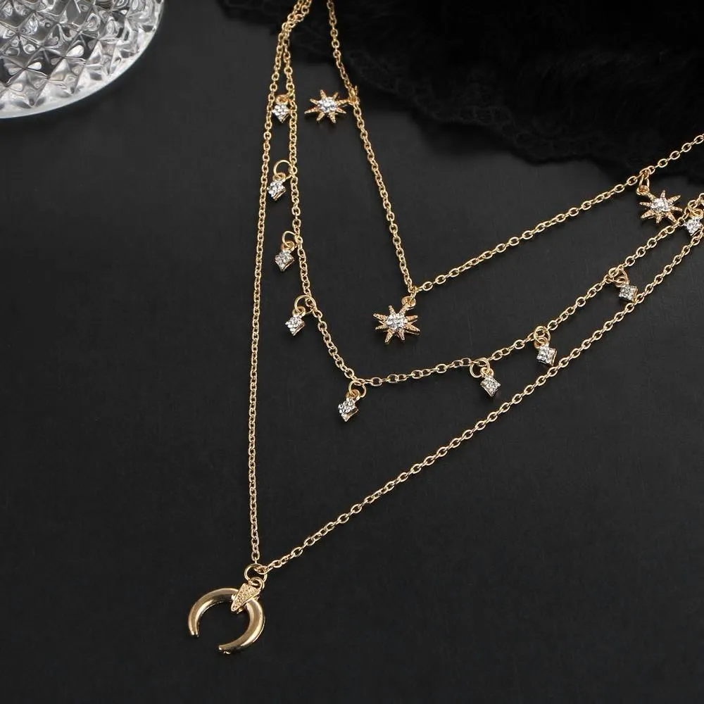 Multi Layer Moon Star Pendant Necklaces