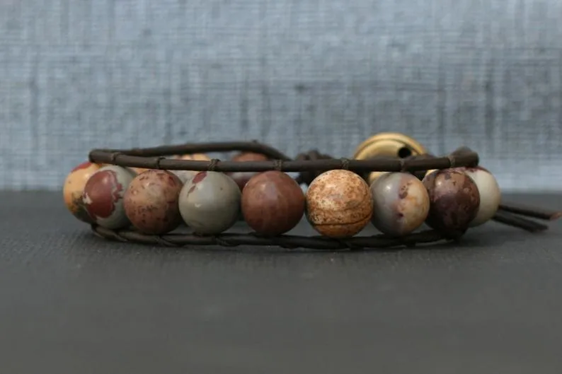 Natural Mix Jasper Bracelet on Brown/Black Leather